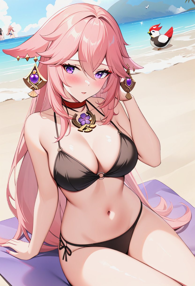 1girl,yae_miko(genshin_impact),alternate_costume,animal_ears,averting_eyes,beach,bikini,bird,black_bikini,blush,breasts,earrings,floppy_ears,fox_ears,full_body,hair_between_eyes,hair_ornament,jewelry,long_hair,<lora:yae-miko-genshin-xl:0.7>,looking_to_the_side,navel,ocean,pink_hair,pink_nails,purple_eyes,sidelocks,sitting,solo_focus,stomach,swim_ring,swimsuit,