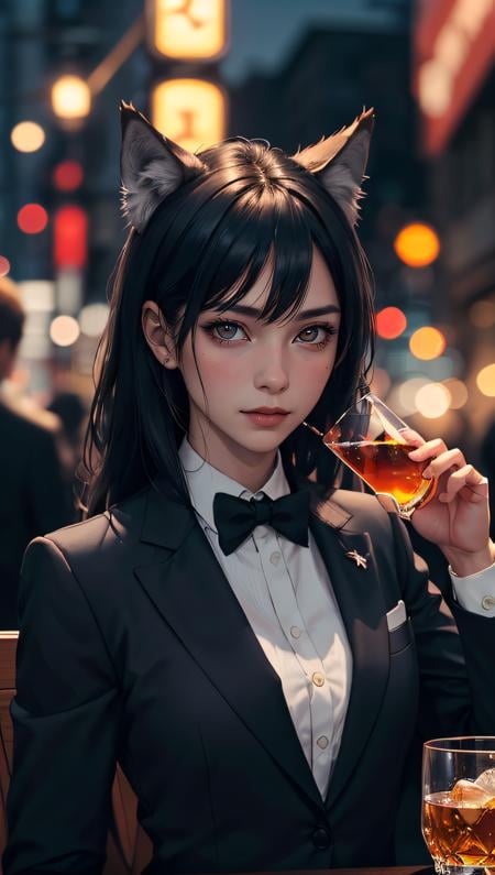 (best quality, masterpiece, hyper realism), ultra realistic upper body photo, 1 anthropomorphic wolf, in really elegant suit (ultra high textures) drinking a glass of whiskey, award winning photography, werewolf in a city, ultra high details, dim light, dawn, bokeh background,