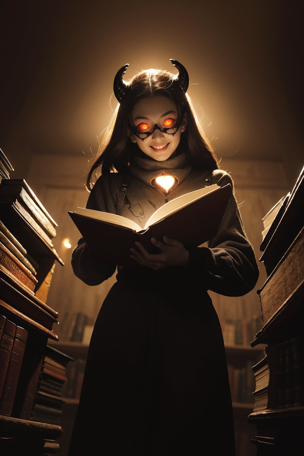 masterpiece,best quality,ultra high res,1girl,(glowing_eyes:1.4),evil smile,A kind-hearted librarian with an affinity for books.,Sepia theme,Utrawide shot,<lora:复仇之眼-v2:0.5>,