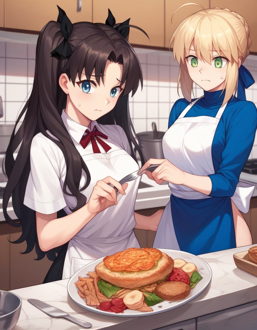 score_9, score_8_up, score_7_up, score_6_up, score_5_up, score_4_up, source_anime,2girls, kitchen, apron, sweatdrop, busy, worried BREAK tohsaka rin BREAK artoria pendragon \(fate\), saber