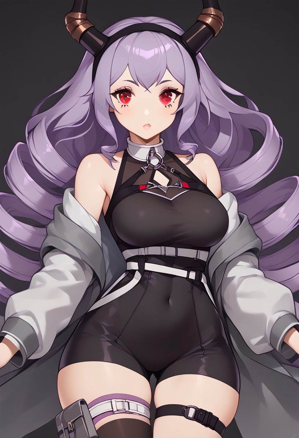 score_9, score_8_up, score_8, medium breasts, (curvy), cute, eyelashes,  zzNill, BREAK,patTyphon, very long hair, purple hair, sidelocks, drill hair, twin drills, red eyes,  black hairband, horns, open coat, grey coat, long sleeves, sleeveless shirt, black shirt, clothing cutout, bare shoulders, belt, buckle, covered navel, black leotard, black shorts, thigh strap, thigh belt, asymmetrical legwear, single thighhigh, black thighhighs, socks, grey footwear,wide hips, narrow waist,