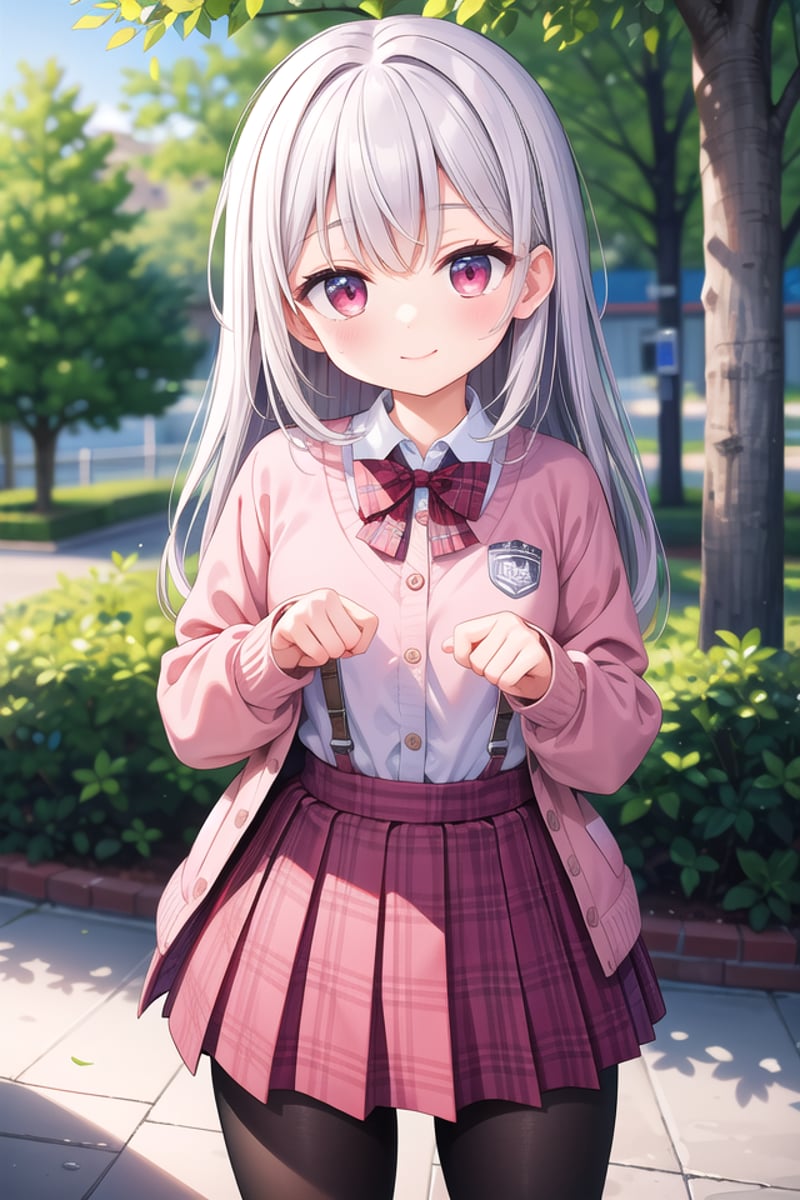 insanely detailed, absurdres, ultra-highres, ultra-detailed, best quality,1girl, solo, nice hands, perfect handsBREAK(School Uniforms:1.2), (pink cardigan is fit body:1.4), ((do up a buttons, not loose):1.5), ((long sleeve, sleeves past wrists):1.2), (inner wear is white collared-shirt:1.3), (red plaid-pattern bow:1.3), (red plaid-pattern pleated skirt:1.3), ((dark-brown pantyhose, loafers):1.2), (cleavage:-1.5)BREAKhappy smile, laugh, closed mouthBREAK(45 angle:-1.5), (from side:-1.5),standing, cowboy shot, looking at viewerBREAKslender, kawaii, perfect symmetrical face, ultra cute girl, ultra cute face, ultra detailed eyes, ultra detailed hair, ultra cute, ultra beautifulBREAKin forest, depth of field, ultra detailed backgroundBREAKmedium large breastsBREAK(grey hair, red eyes), spiked hair,