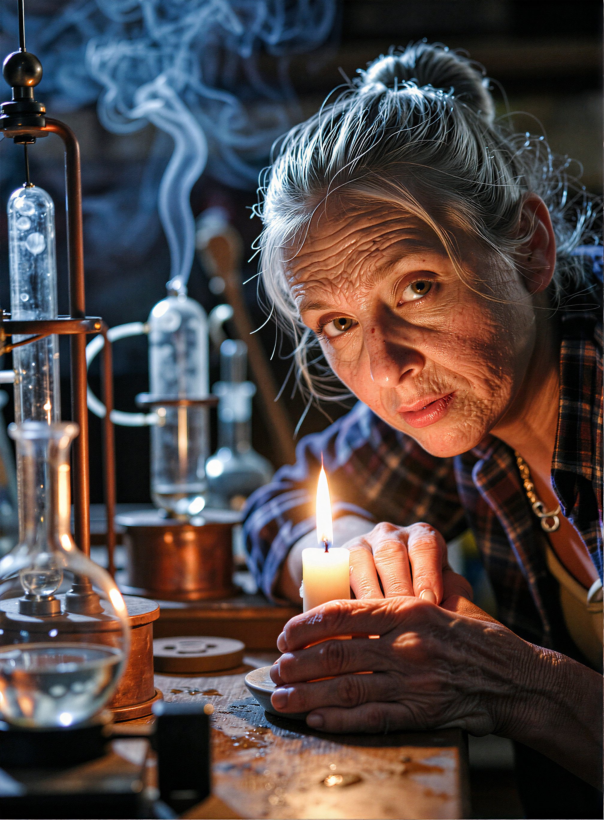 An elderly woman with a weathered face and deep,  sun-etched wrinkles gazes intently at the viewer,  her sharp eyes reflec...