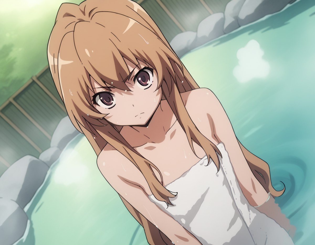 score_9, score_8_up, score_7_up, source_anime,taigaaisaka, <lora:taiga-aisaka-s1-ponyxl-lora-nochekaiser:1>,taiga aisaka, long hair, brown hair, brown eyes,nude, naked, outdoors, onsen, towel, naked towel, steam, bathing, nude cover, partially submerged, water, bath, steam censor, wet towel,looking at viewer, solo, cowboy shot, dutch angle,