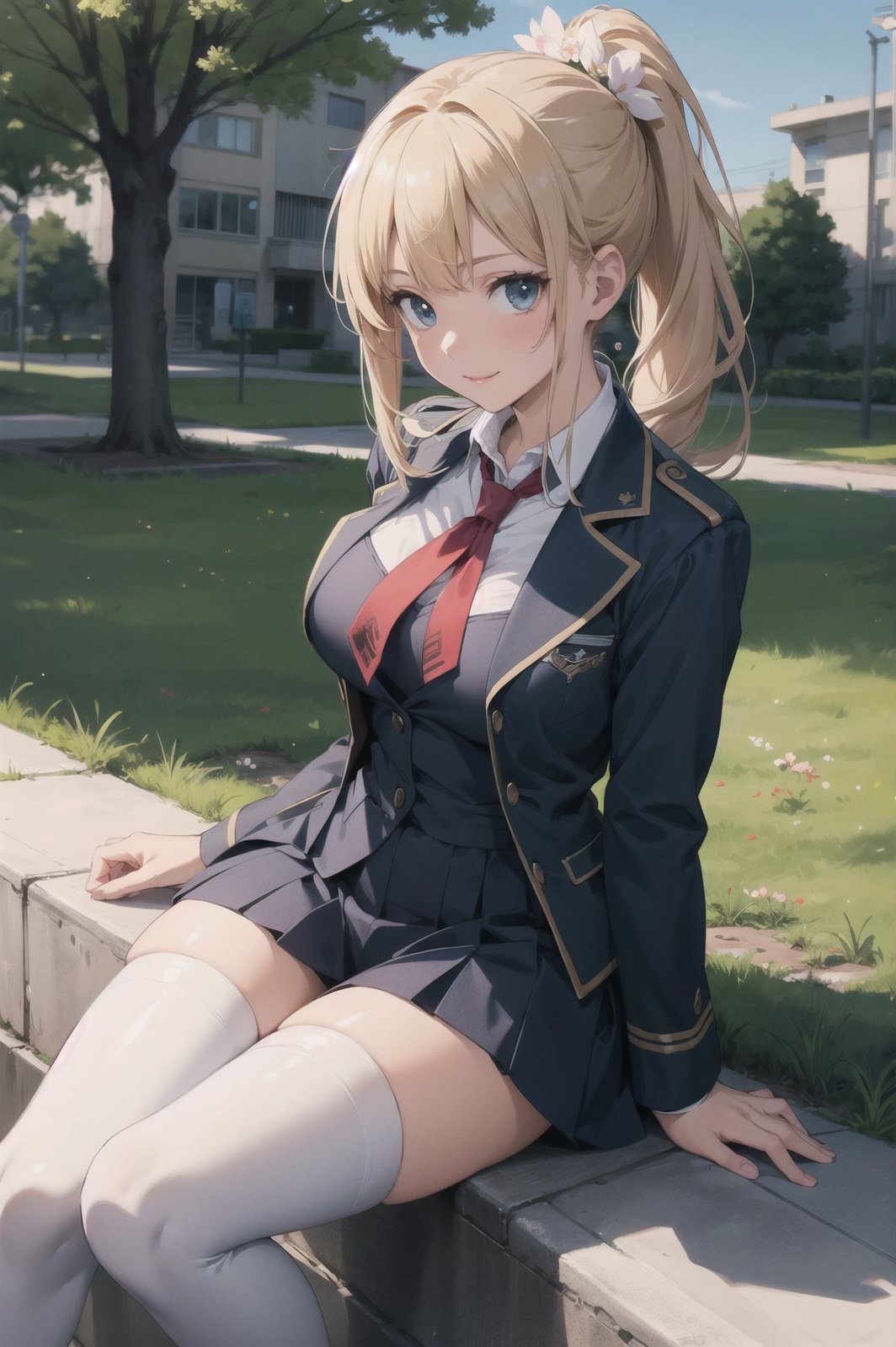 masterpiece, (best quality, ultra-detailed:1.6), (ultra high res:1.5),super fine (anime),(sharp focus), (insanely detailed:1.3),(detailed face),(perfect anatomy), delicate (cel animation),from front view, 1 anime cute girl,(cute face:1.1),sexy body, sexy big breasts, blonde ponytail hair,pretty smile,(Spring, flower blooming, school ground scape:1.3),in high school,no holding,outdoor,beautiful (highschool long sleeve uniform),ribon tie,white thighhigh, medium shot,close-up,sitting,