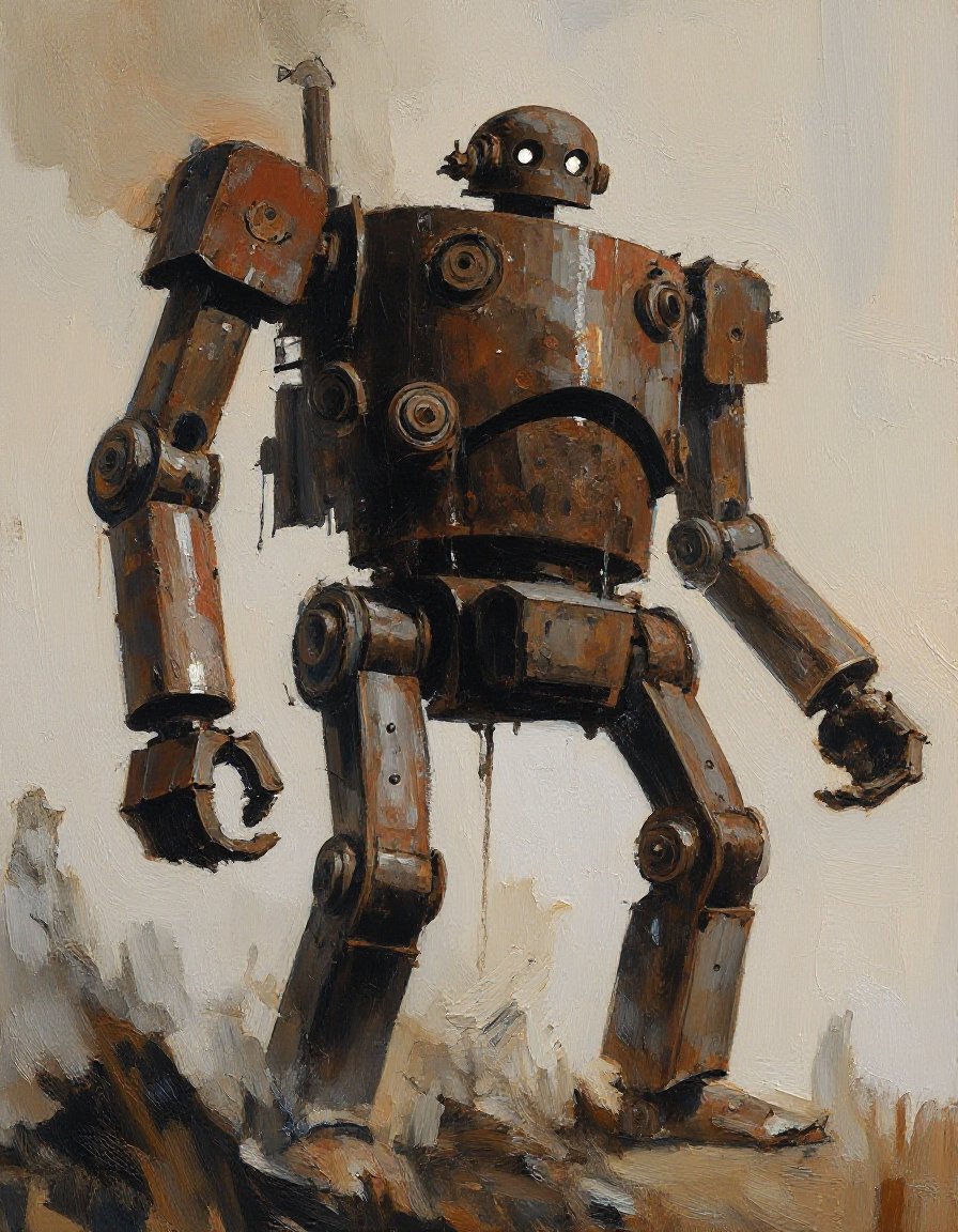 z_ashley_wood,  A giant rusty Bertie robot standing in a foggy wasteland,  heavy weathering by inknoir on Tensor.Art