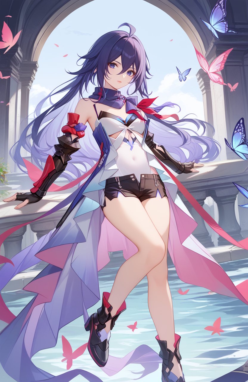 <lora:星铁希儿2pony:1>,seele (honkai: star rail),a girl named seele (honkai: star rail),1girl,solo,looking at viewer,bare shoulders,purple scarf,black shorts,covered navel,short shorts,black gloves,detached sleeves,fingerless gloves,black footwear,scarf,butterfly,, (score_9,score_8_up,score_7_up),(masterpiece,best quality,high quality:1.2),absurdres, prefect lighting, very aesthetic, anime BREAK