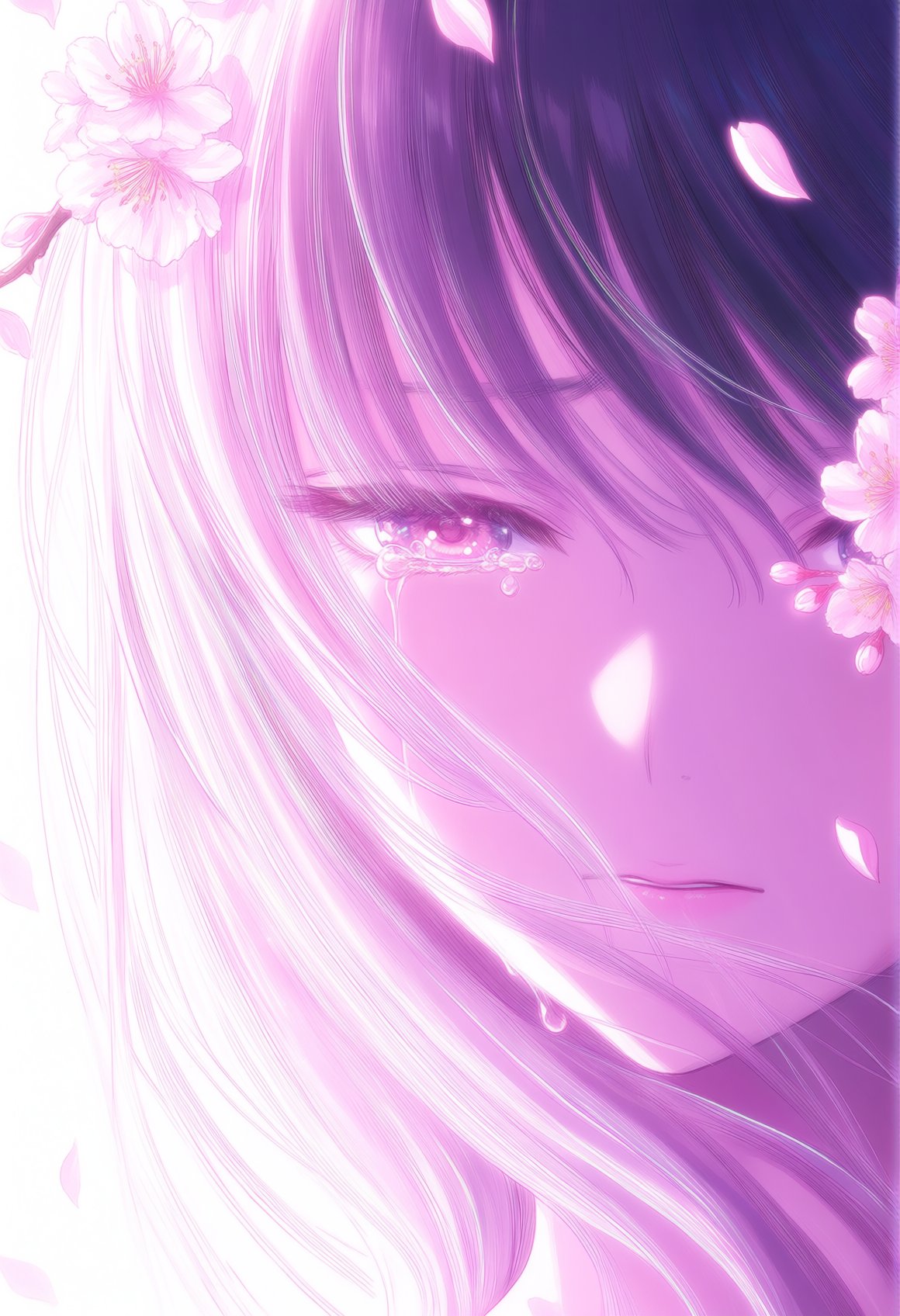 lumenstyle,  close portrait of a girl with teary eyes and cherry blossoms in her hair,  glowing rim light by Alex on Tenso...