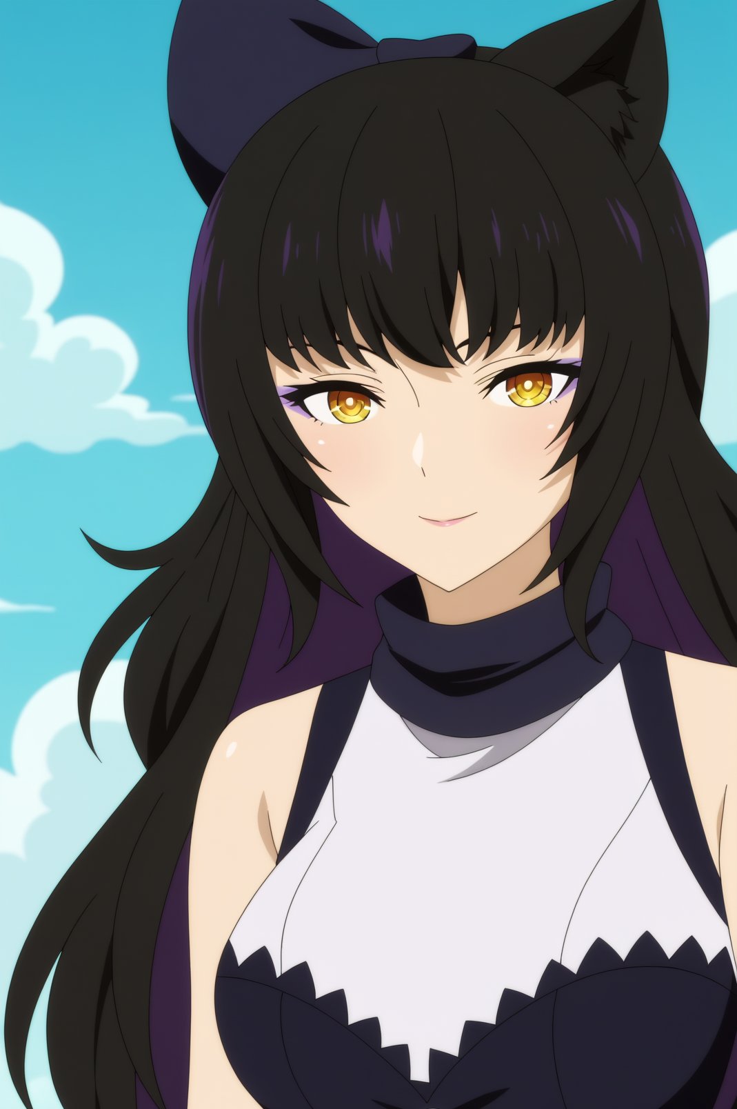 blake belladonna,anime screencap,1girl,solo,mature,long hair,bow,hair bow,standing,makeup,breasts,animal ears,cat ears,bangs,eyeshadow,sleeveless,close up,sky,cloud,light smile,looking at viewer <lora:Blake Belladonna - RWBY.safetensors:0.8>