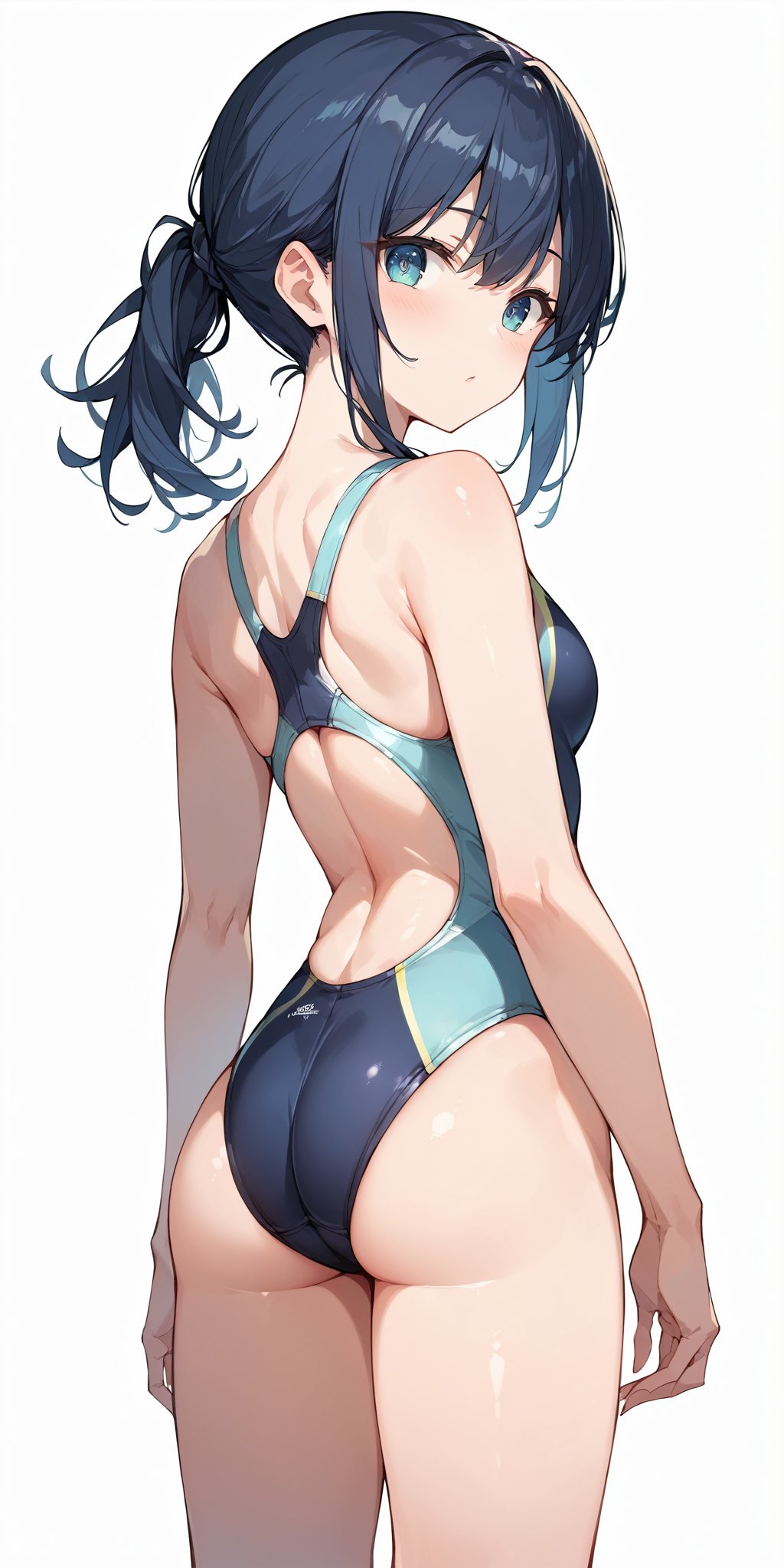 score_9, score_8_up, score_7_up,source_anime, high res image,masterpiece,best quality,girl,cute face,clear skin,shiny hair,ultra detailed eyes,simple background,  <lora:Competitive Swimsuit_pony_V1.0:1> competitive swimsuit,from behind