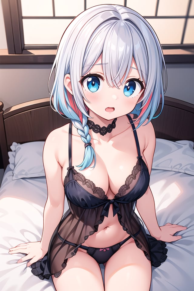 insanely detailed, absurdres, ultra-highres, ultra-detailed, best quality,1girl, solo, nice hands, perfect handsBREAK(nipples:-1), blue  (chemise, petticoat:1.3), (see-through:1.2), (lingerie, lace, frill:1.2), (panties:1.3)BREAKupset, open mouth,(sitting on bed), seductive pose, cowboy shot, from above,BREAKslender, kawaii, perfect symmetrical face, ultra cute girl, ultra cute face, ultra detailed eyes, ultra detailed hair, ultra cute, ultra beautifulBREAKindoors, elegant hotel room, bedroom, , antique interior,warm lighting, moodie lighting, weak rim light, intensive shadow,cinematic light, indirect lighting, evening light, depth of field, ultra detailed backgroundBREAKmedium large breasts, , extremely detailed navelBREAK(random color hair, multicolored hair:1.2), rainbow color eyes, braid, hair between eyes