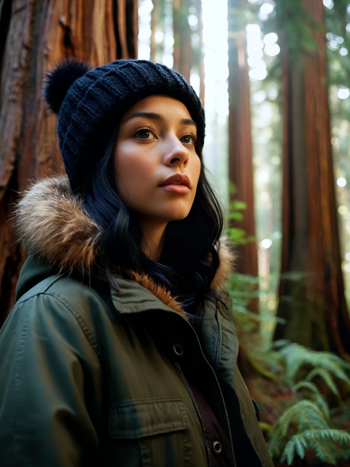 photograph of a woman, (sympathetic facial expression), textured skin, goosebumps, jet black half-up half-down hair, faux fur-lined parka with skinny jeans and beanie, group profile, towering ancient redwood trees creating a sense of wonder and awe, perfect eyes, ((hard lighting:1.4)), Velvia 100 color, shot on Cinestill 800T, bokeh, sharp focus on subject, shot by Manuela Marques