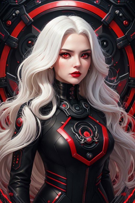 Portrait of a beautiful girl with wavy white hair, wearing a formal black dress with metal parts, red eyes, monograms in the background, digital painting, dark colors, 8k, complex details, vintage, retro futuristic style, sharp focus on the center, pastel colors, art station, (sci-fi, future, future theme), (facial expression looking with disdain), (detailed illustration)