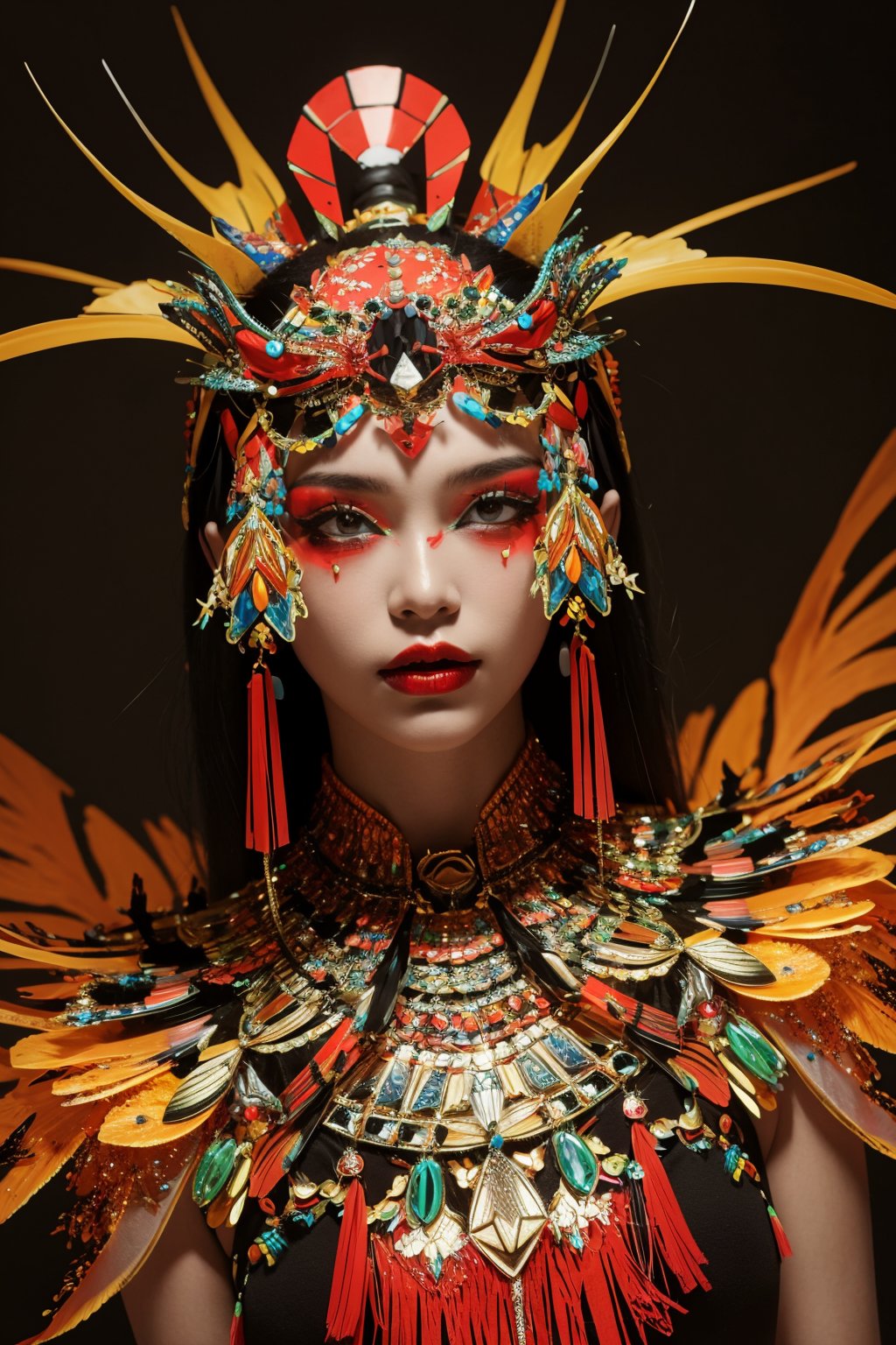 masterpiece,best quality,ultra high res,1girl,colorful tashan makeup,upper body,<lora:20240401caizhuang-v1.2:0.7>,Assassin Bug headdress,Glow effect,Matte texture,Foreground,