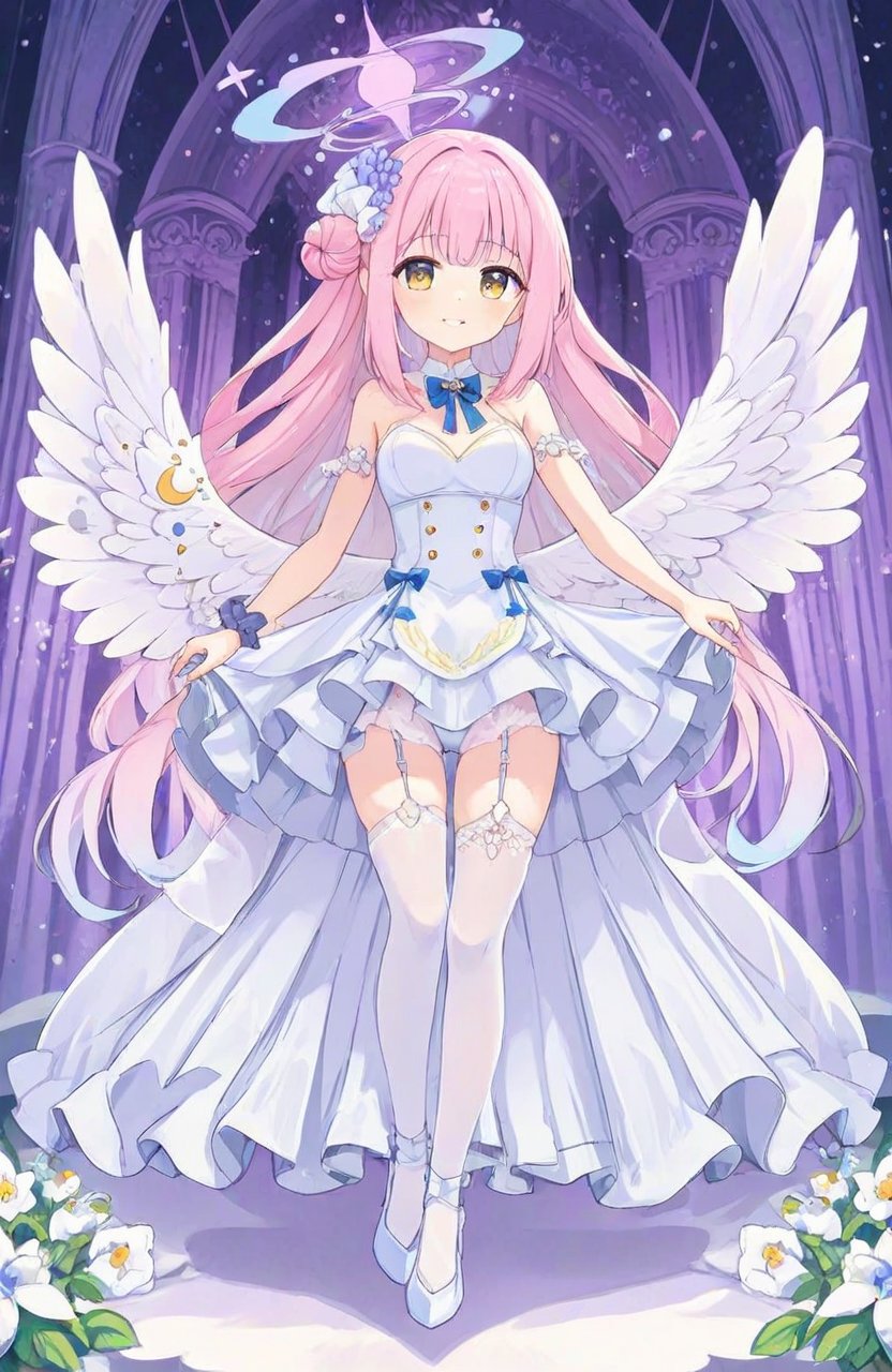 mika \(blue archive\),1girl,solo,single_side_bun,halo,low_wings,white_thighhighs,wedding_dress,full_body,looking_at_viewer,white_dress,garter_straps,blush,smile,white_leotard,hair_flower,showgirl_skirt,breasts,alternate_costume,white_wings,holding_bouquet,standing,veil,angel_wings,garter_belt,bare_shoulders,feathered_wings,high_heels,bride,closed_mouth,panties ,<lora:mika_(blue_archive)_image1356_2023-11-18_spv:1>,halo,. gorgeous,key visual,vibrant,studio anime,award-winning,professional,highly detailed,high budget,cinemascope,