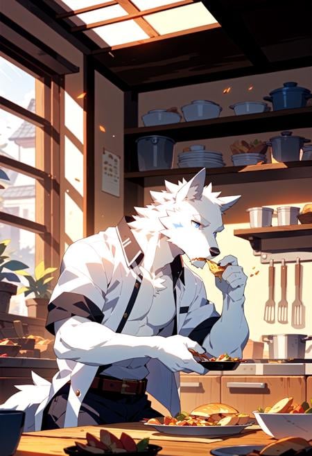 canid, canids, wolf, by zixiong,solo, anthro, male, (white fur, white body, white eyebrows:1.2),clothed, open topwear, open shirt, white shirt, belt, pants,blue eyes, humanoid hands, food, eating,inside, kitchen, window, sunlight, plants, detailed background