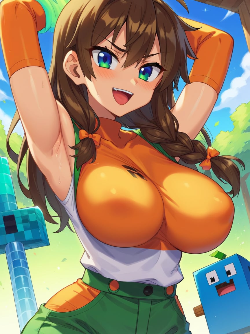 Minecraft style score_9, score_8_up, score_7_up, best quality, masterpiece, 4k, uncensored, perfect lighting, rating_explicit, very aesthetic, anime BREAK1girl with (breast breasts),brunette hair Feathered Layers,viridian (sleeveless top), large breasts,kawakami_rokkaku,glistening riverbank, . Blocky, pixelated, vibrant colors, recognizable characters and objects, game assets Trending on Artstation <lora:breasts++-PD-breast_bags-1.0:1>