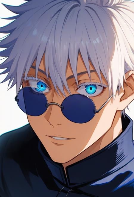 score_9, score_8_up, source_anime, 1boy, satorugojo, white hair, short hair, 1boy, looking at viewer,  blue eyes, colored eyelashes, <lora:GojoXLv5:1>,  hair between eyes, round eyewear, sunglasses, portrait, close-up, 