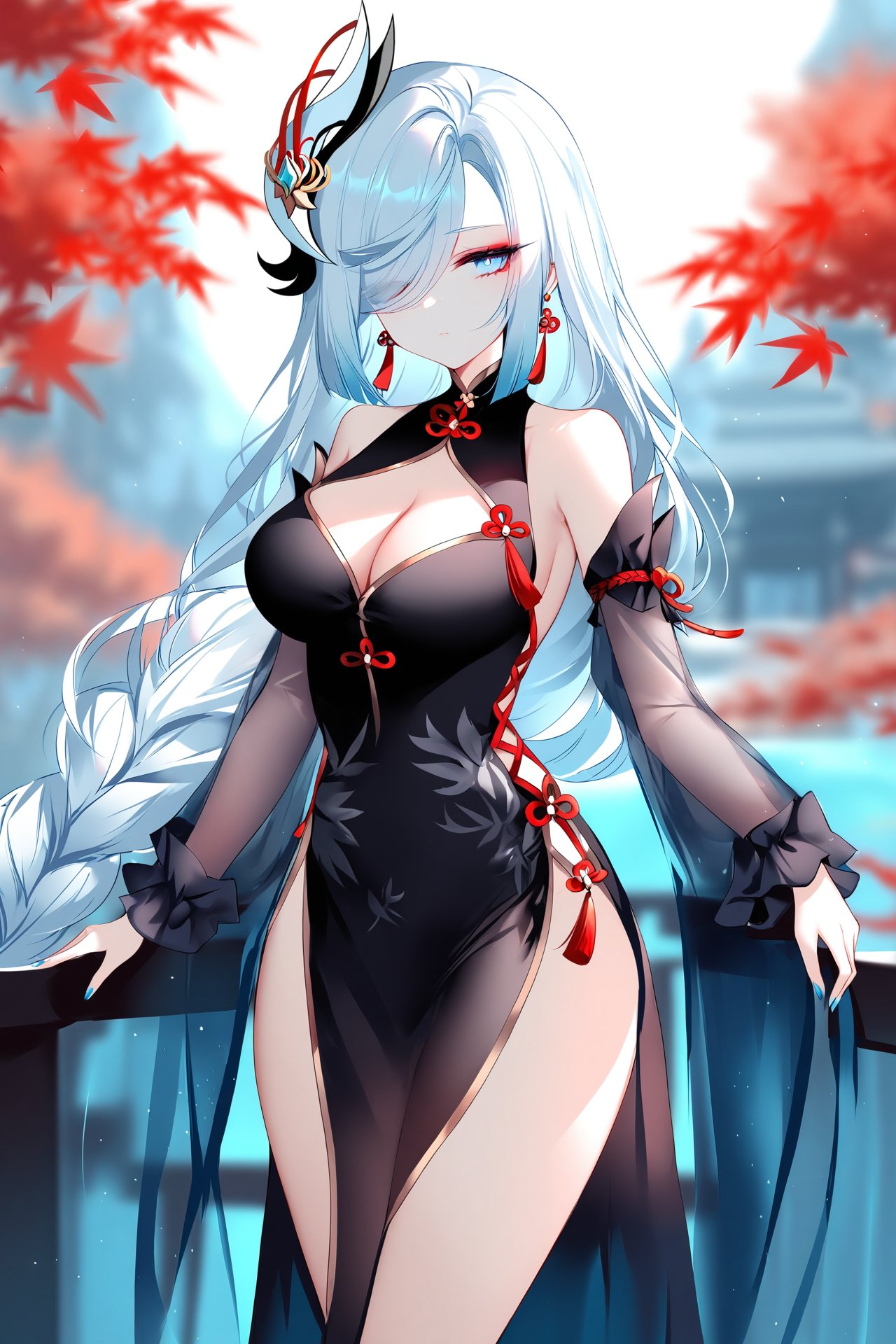 masterpiece,best quality,illustration,ultra detailed,hdr,Depth of field,(colorful),[Artist chen bin],Artist Sheya,1girl,shenhe (genshin impact),breasts,solo,dress,long hair,black dress,blue eyes,hair ornament,detached sleeves,large breasts,looking at viewer,bare shoulders,hair over one eye,white hair,thighs,long sleeves,very long hair,cleavage,jewelry,earrings,leaf,feet out of frame,official alternate costume,blurry,sleeveless,standing,closed mouth,chinese clothes,sleeveless dress,maple leaf,blue nails,see-through,blurry background,nail polish,