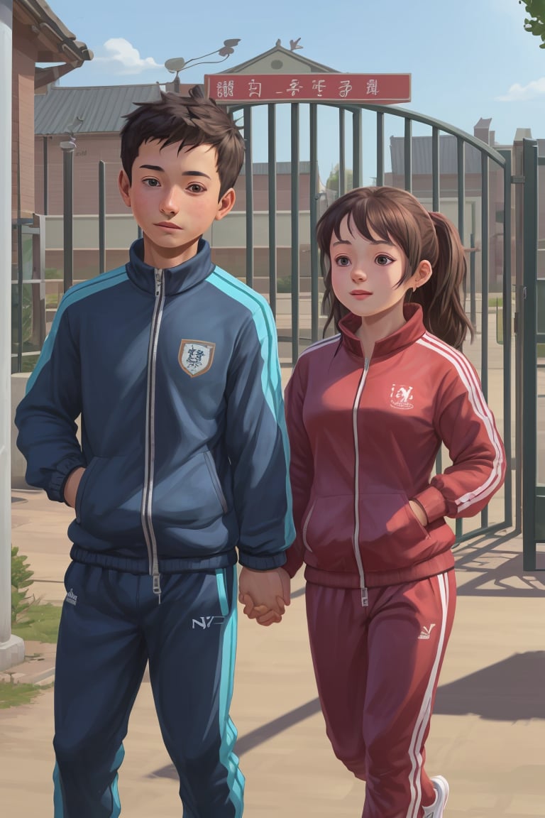 <lora:80HOU-V2-000005:0.7>,80niandai,a girl in a tracksuit,and a boy in a tracksuit,say hello at the school gate,