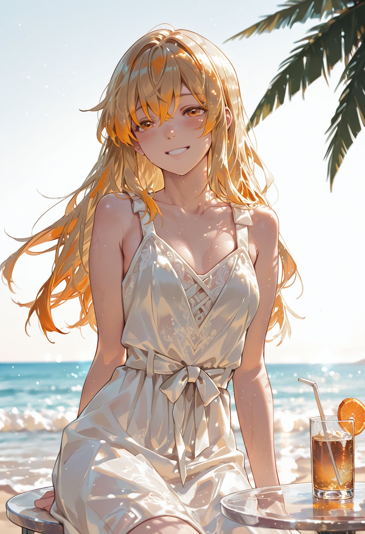a transparent glass on the table,  a sunset beach beyond the glass,  a woman sitting on the beach. Palm trees by Min on Te...