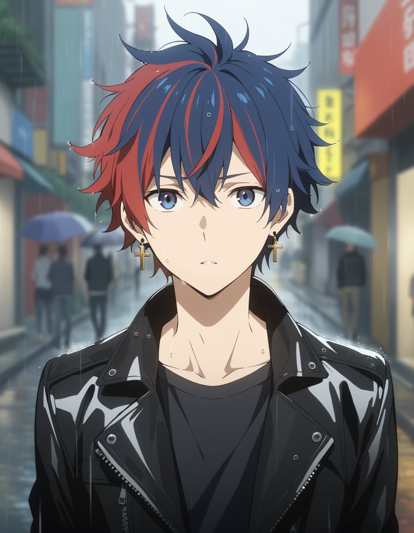 1boy,outdoors,looking at viewer,upper body,multicolored hair,full_shot,messy hair,cross_earrings,short hair,hair in takes,black leather jacket,Depth of field,blurred background,rain,white hair,red hair,blue hair,standing,