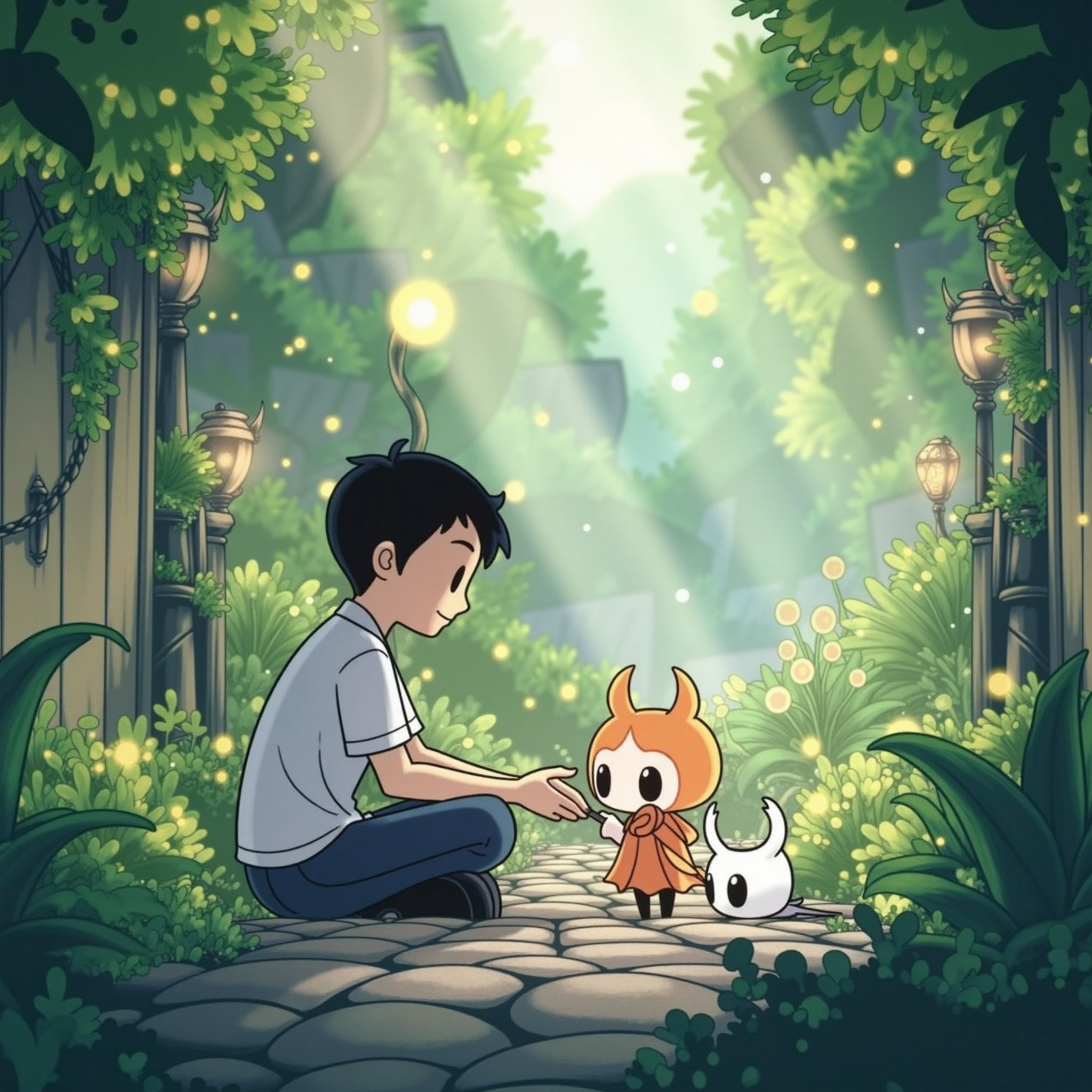 A peaceful outdoor scene,  surrounded by lush green leaves and vibrant vegetation on the stone road. A cartoon style man s...