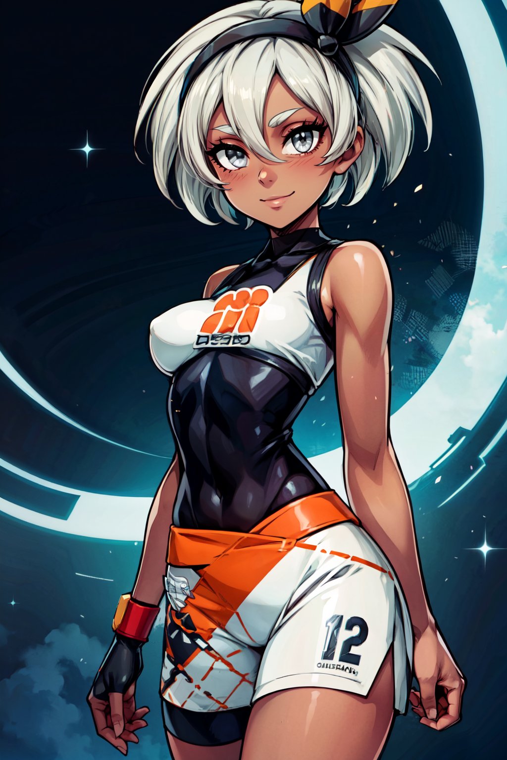 ((masterpiece, best quality)), anime style, <lora:more_details:0.5>, <lora:Bea_Pokemon_v2:0.8>, bea (pokemon), dark-skinned female, hair between eyes, grey hair, short hair, grey eyes, solo, smile, looking at viewer, cowboy shot,, big breasts,  shiny metal, body armor, breastplate, fingerless gloves, shoulder armor, gauntlets