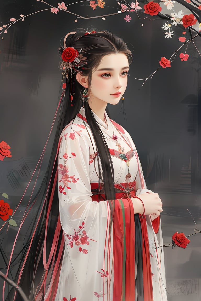 masterpiece,best quality,colorful inkpainting, 1girl, flower, solo, butterfly, long hair, hair ornament, black hair, jewelry, earrings, hanfu, chinese clothes, rose, very long hair <lora:colorful-inkpainting-000016:0.8>,