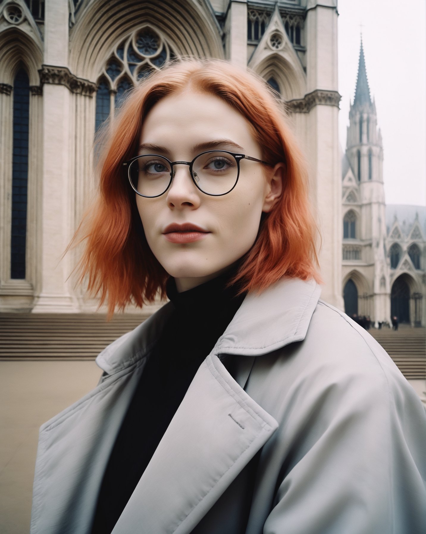 18 years old glasses woman, Rebulia, portrait of androgynous non-binary model with pale red hair, ethereal dreamy foggy, photoshoot by Annie Leibovitz, editorial Fashion Magazine photoshoot, fashion poses, in front of gothic cathedral architecture. Kinfolk Magazine. Film Grain. a soft smile <lora:rebulia:0.8> 