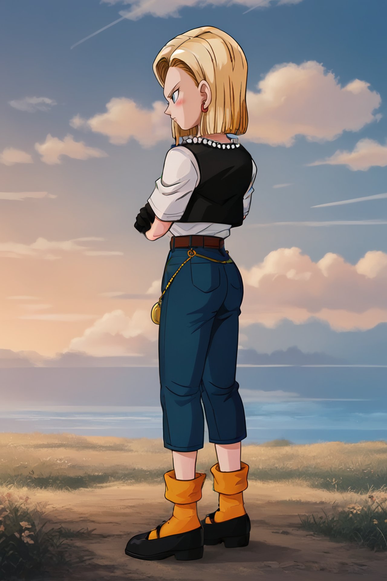 source_anime, score_9, score_8_up, score_7_up, anime screencap, high quality, android 18, cell saga, official style, 1girl, solo, short hair, blue eyes, blonde hair, pearl necklace, standing, full body, white shirt, short sleeves, earrings, black vest, vest over shirt, outdoors, sky, day, black gloves, belt, gold chain, cloud, from side, blue sky, crossed arms, grass, rock, denim, jeans, mountain, high-waist pants, v-shaped eyebrows, loose socks, orange legwear, mary janes, black footwear, looking at another, mountainous horizon, blush, blue legwear <lora:c18_pony:0.8>