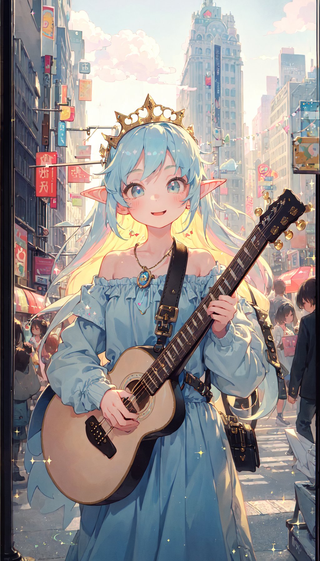 polaroid photo, masterpiece, best quality, cute chibi illustration, 1girl, the cloud elf queen busks on the streets of new york, spoken musical note, musical note, casual, playing guitar, relaxed, happy, film grain, soft lighting, glittering, sparkling, HDR