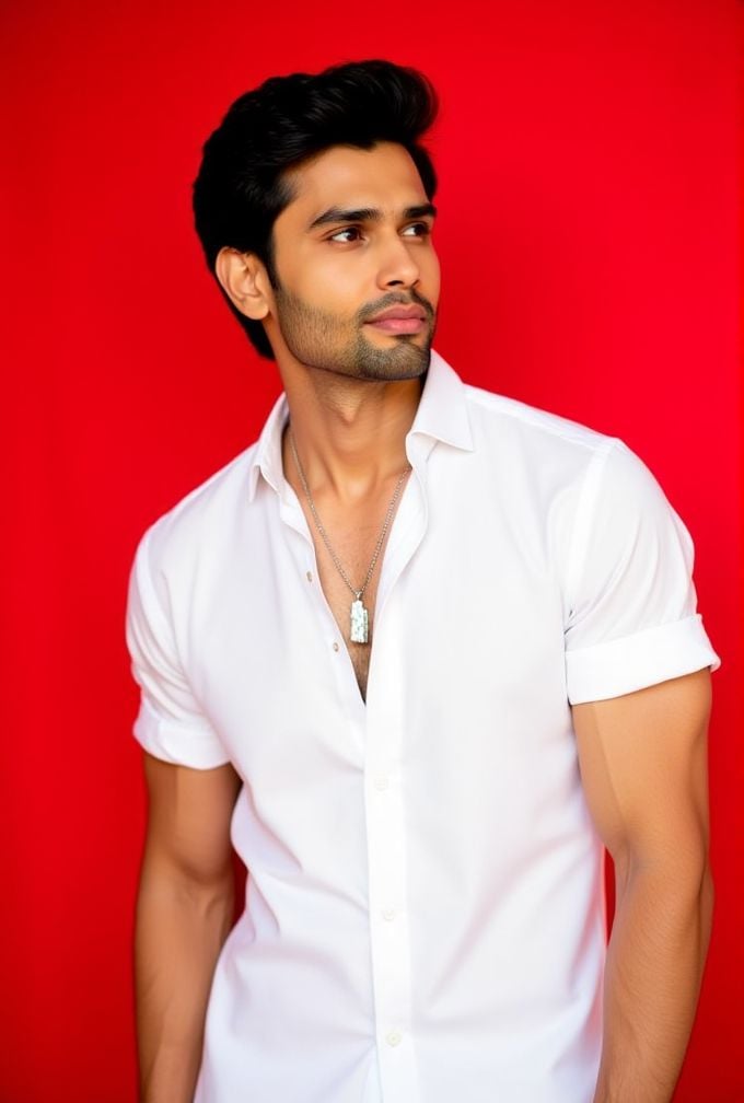 Rohit Khandelwal ,  The image is a high-resolution photograph,  standing against a solid red background. wavy hair styled...