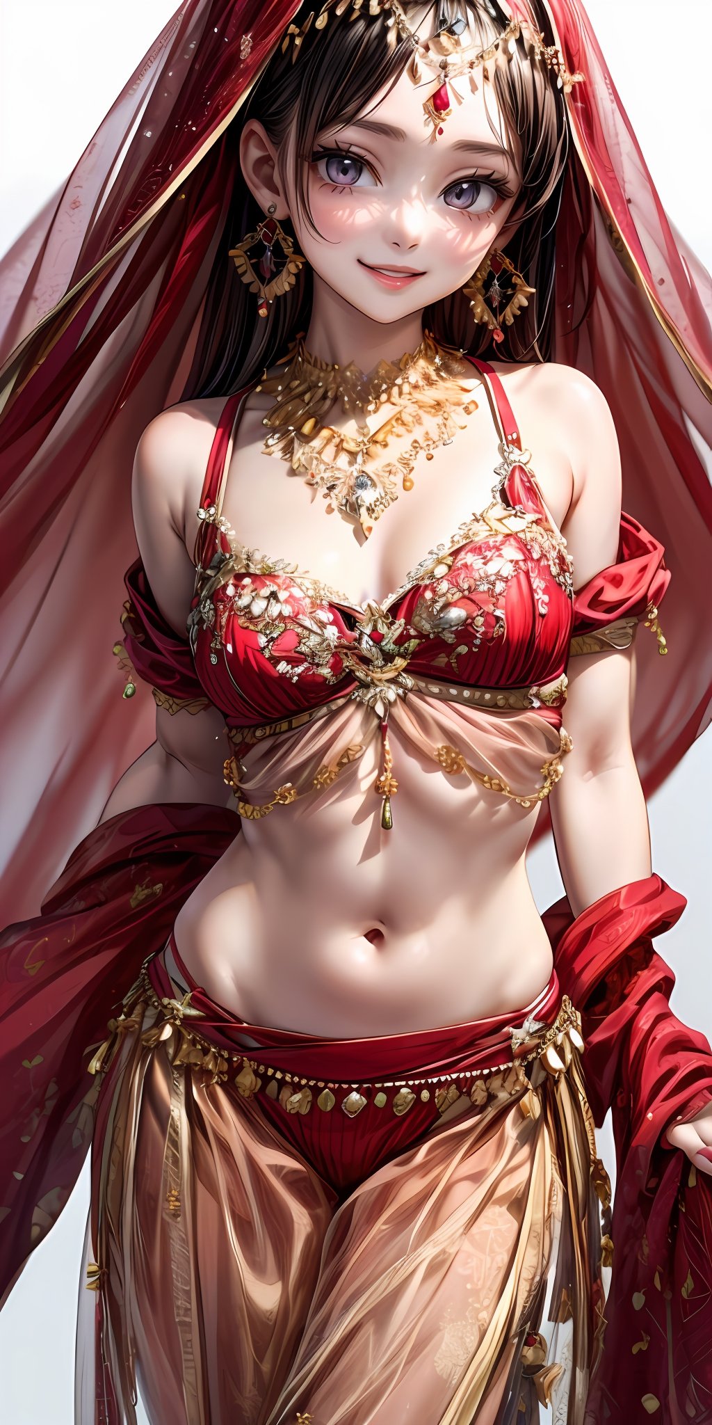 (masterpiece,ultra-detailed,best quality,8K,CG,illustration,shaved:1.0),(petite girl:1.2) <lora:more_details:1>, smile,simple background, <lora:belly dance clothes v1.0:0.5> jyojifuku, veil, midriff, necklace, earrings, see-through