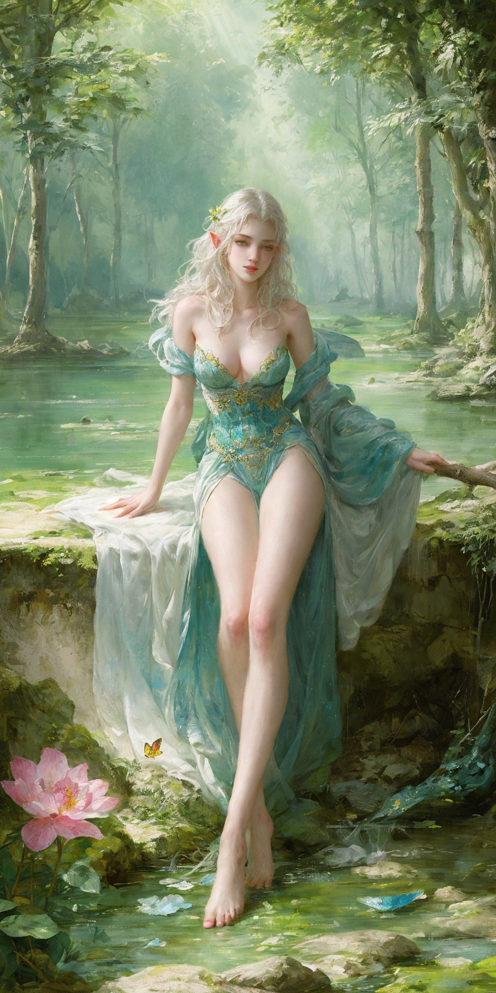 Best quality,(((masterpiece))),(((bestquality))),((ultra-detailed)),(illustration),((anextremelydelicateandbeautiful)),dynamicangle,floating,(beautifuldetailedeyes),(detailedlight)1girl,pointyears,longhair,water,solo,elf,sitting,halfbody,whitehair,chain,greeneyes,toelesslegwear,barefoot,jewelry,lookingatviewer,feather,leaves,nature,(sunlight),river,(forest),(painting),(sketch),(bloom),(portrait:1.2),(butterflys:1.2),(tyndalleffect),obscure,<lora:SHMILY隐鳞藏彩_v1.0:0.6>,