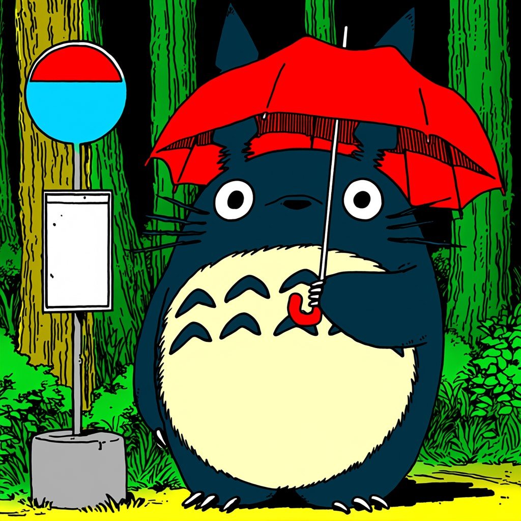 a comic style image of Totoro holding a red umbrella next to a bus stop by Yofaraway on Tensor.Art