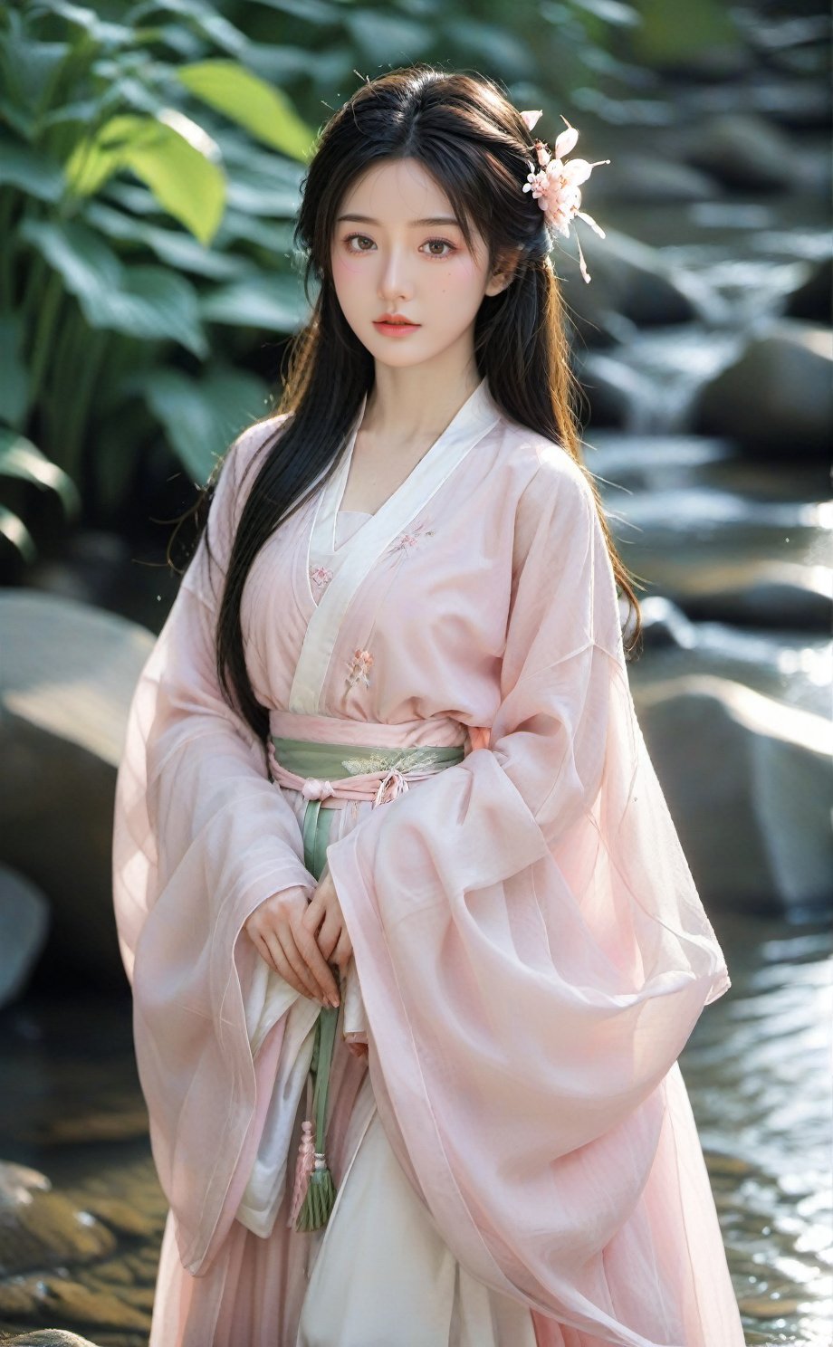 Masterpiece,8k,1girl， Wearing a light pink Hanfu,long hair, hosta,  beautiful face, Beautiful eyes,standing, With a flowing stream in the background,<lora:zxx-hanfu01-000024:0.7>