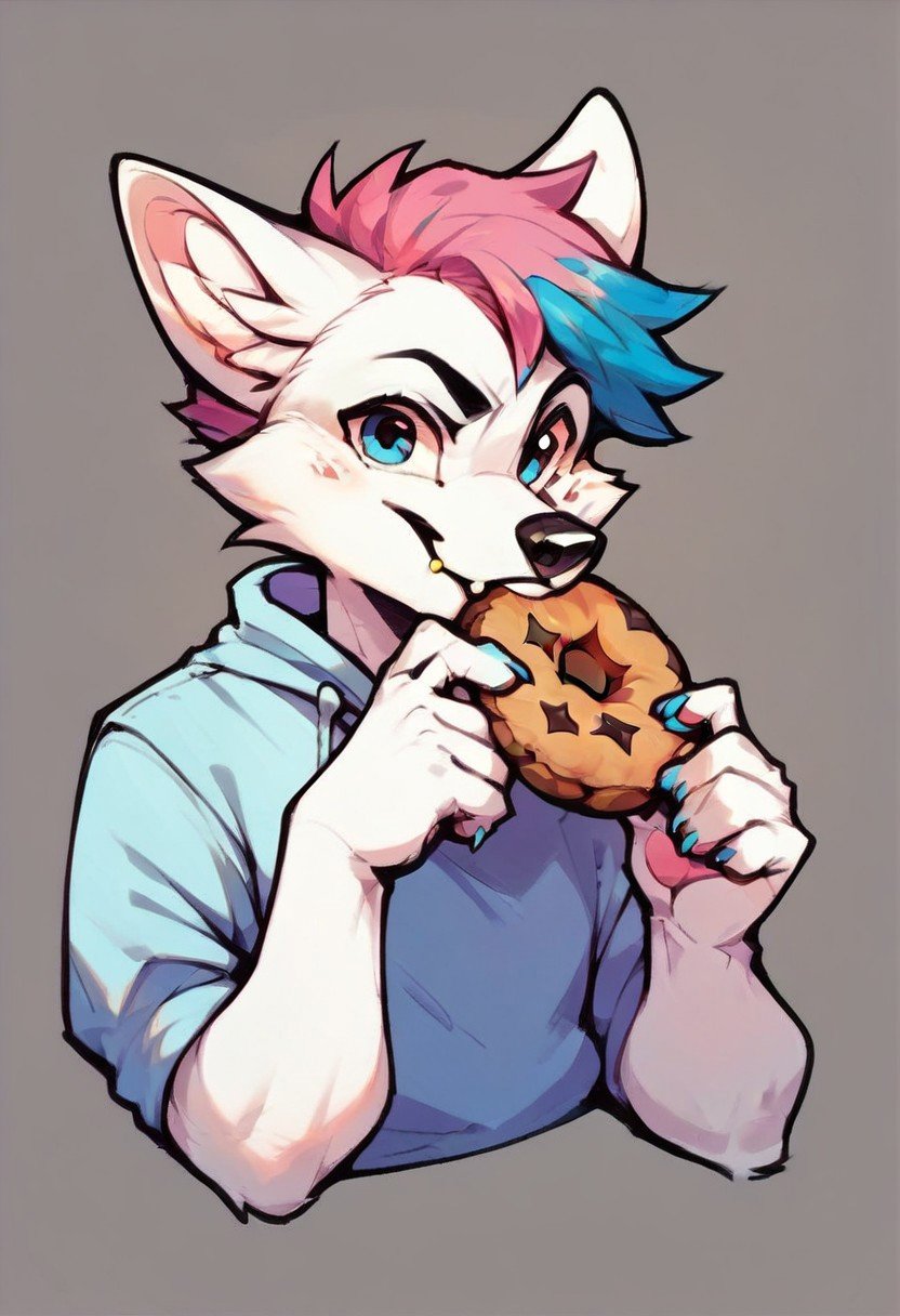 score_9, score_8_up, score_7_up, score_6_up,looking at viewer, Ark, white fur, pink and blue hair, blue eyes, fox, furry male, pink hair, eating cookies