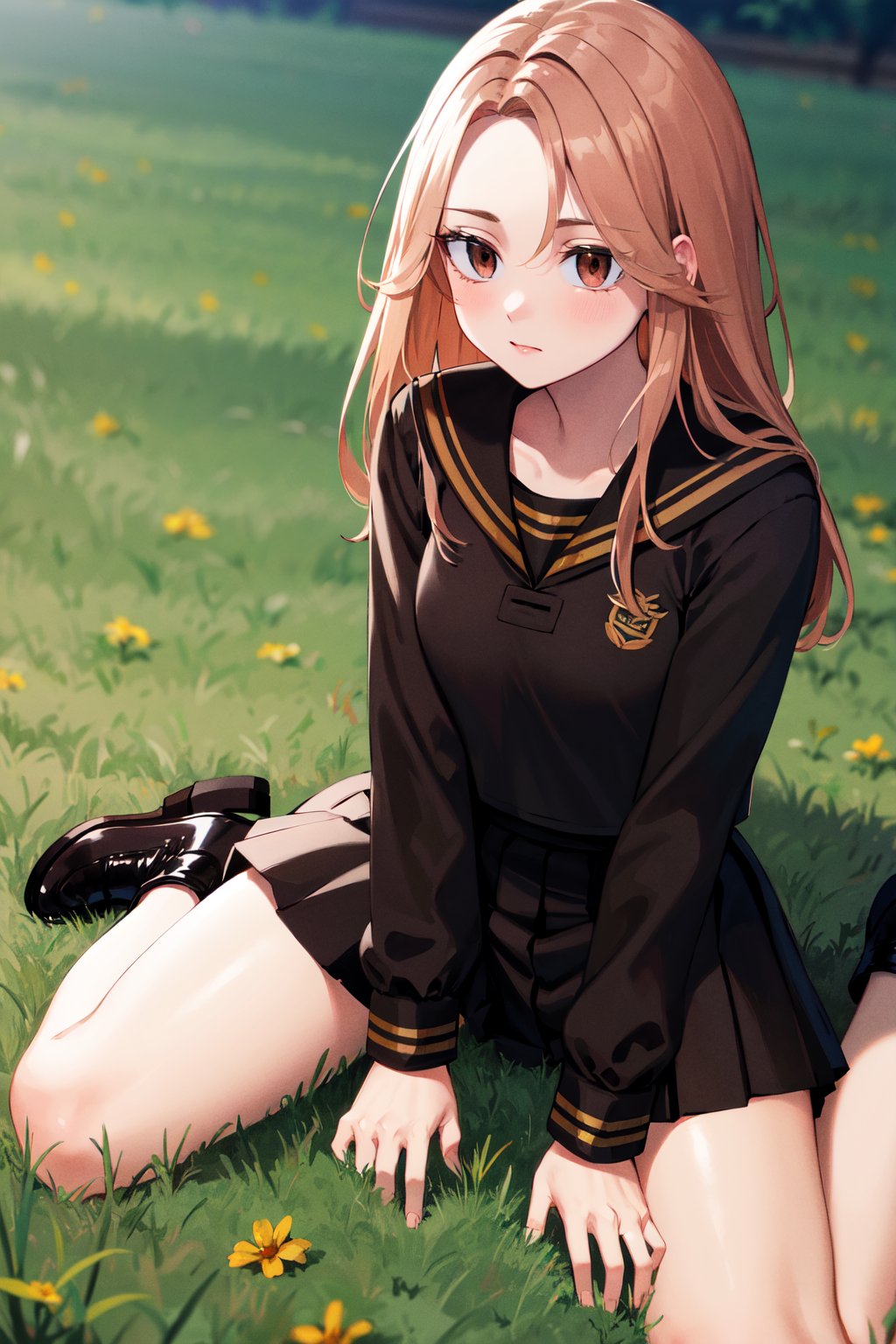 masterpiece, best quality, highres, 1girl, solo, long hair, brown hair, brown eyes, school uniform, black serafuku, black sailor collar, (black shirt:1.2), long sleeves, pleated skirt, black skirt, <lora:shiba_yuzuha_v1:0.7>, wariza, grass, field