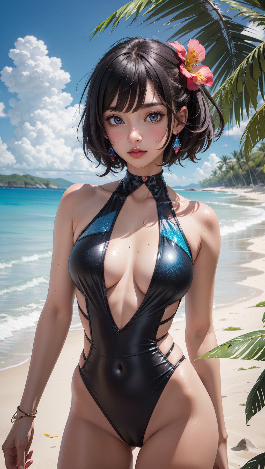 masterpiece,best quality,ultra detailed,anime style,Within a tropical paradise on an alien planet,an extraterrestrial beachgoer wears a holographic swimsuit that shifts colors like a chameleon. The ethereal garment reflects the kaleidoscopic beauty of the alien flora that lines the exotic beaches,