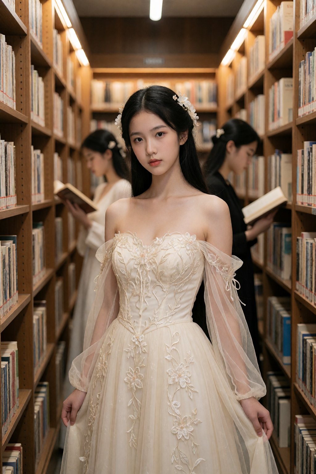 A photograph captures a serene,  narrow library aisle lined with wooden bookshelves. A young Asian woman with fair skin,...