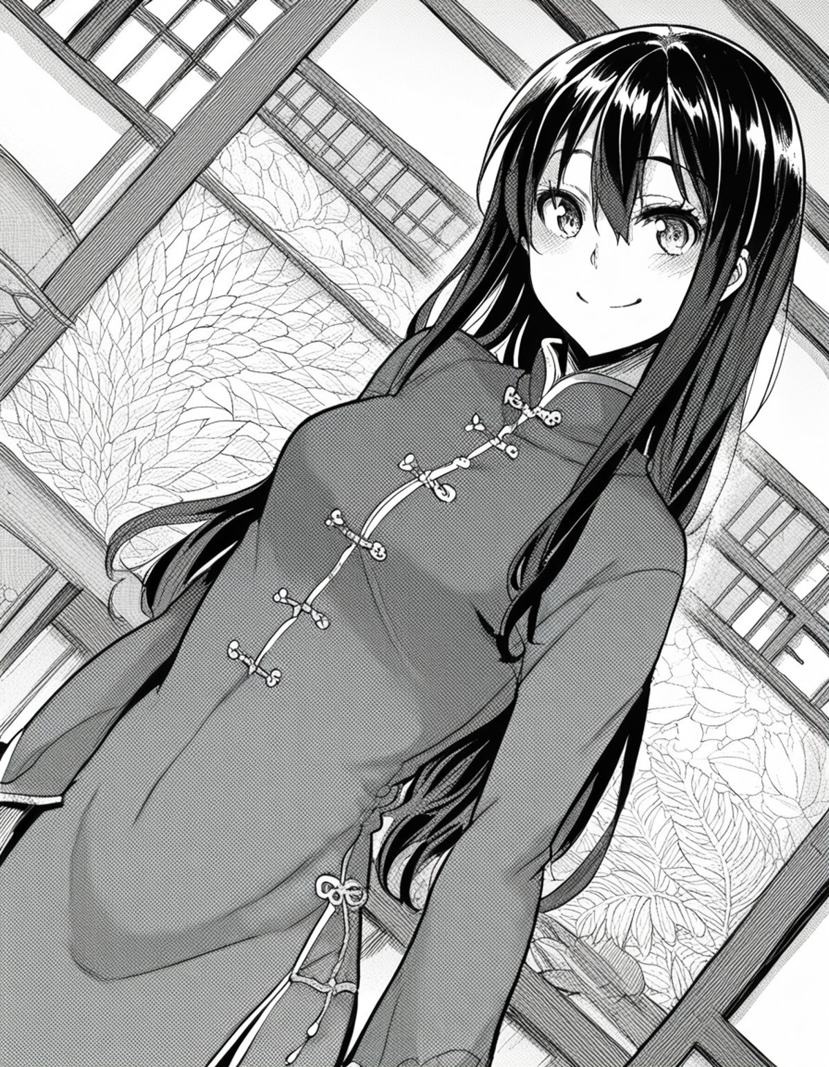 score_9, score_8_up, score_7_up, source_anime, sakiyoshida, <lora:saki-yoshida-manga-ponyxl-lora-nochekaiser:1>, saki yoshida, long hair, hair between eyes, monochrome, greyscale, black hair,, <lora:tangzhuang-ponyxl-lora-nochekaiser:1>, tangzhuang, chinese clothes,, indoors, smile, blush,, full body, dutch angle, looking at viewer,