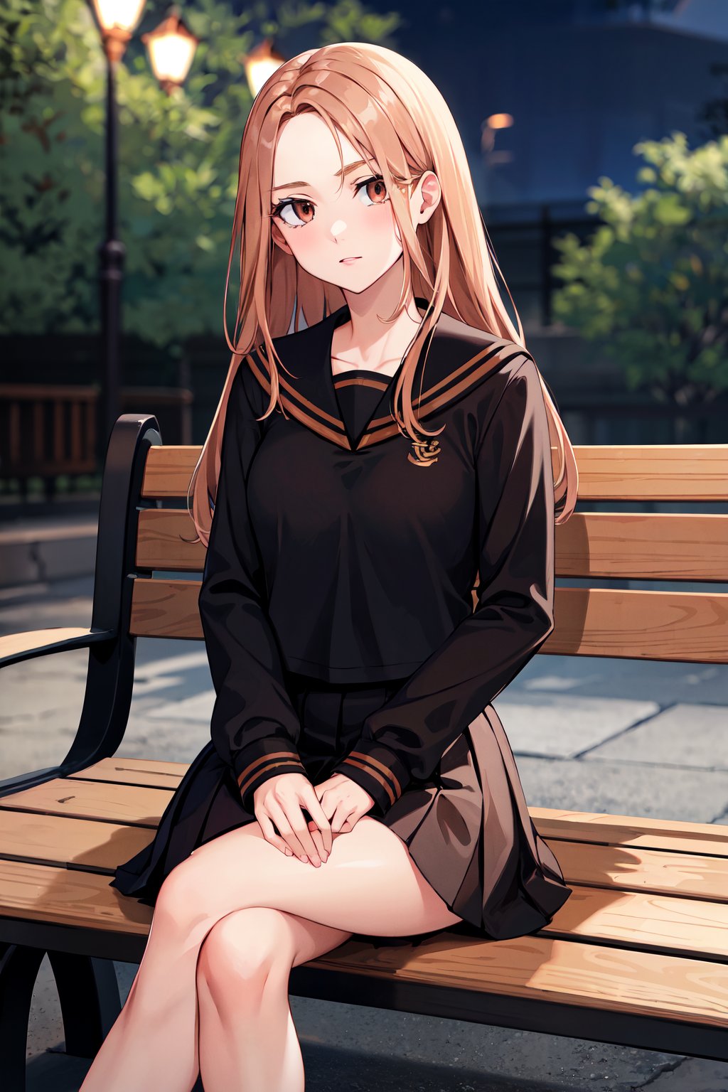 masterpiece, best quality, highres, 1girl, solo, long hair, brown hair, brown eyes, school uniform, black serafuku, black sailor collar, (black shirt:1.2), long sleeves, pleated skirt, black skirt, <lora:shiba_yuzuha_v1:0.7>, sitting, crossed legs, night, bench, park