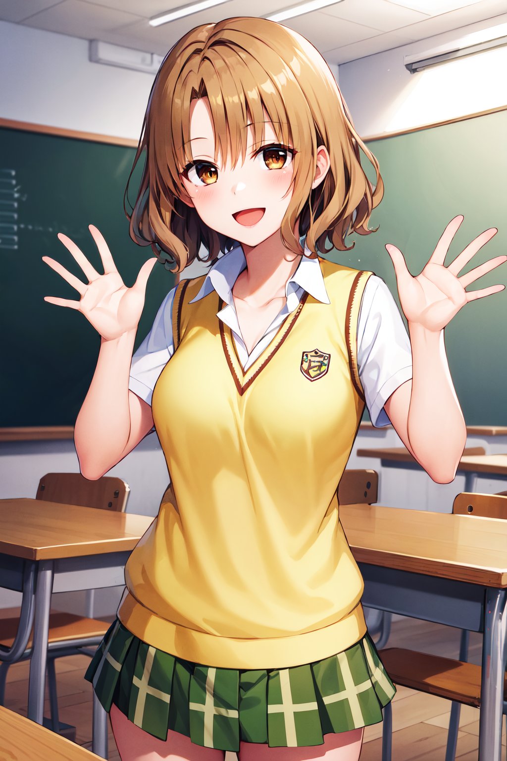 masterpiece, best quality, highres, 1girl, solo, short hair, brown hair, brown eyes, breasts, collarbone, school uniform, collared shirt, white shirt, sweater vest, (yellow vest:1.1), short sleeves, plaid skirt, green skirt, <lora:momioka_risa_v1:0.7>, classroom, standing, waving, smile, open mouth, 