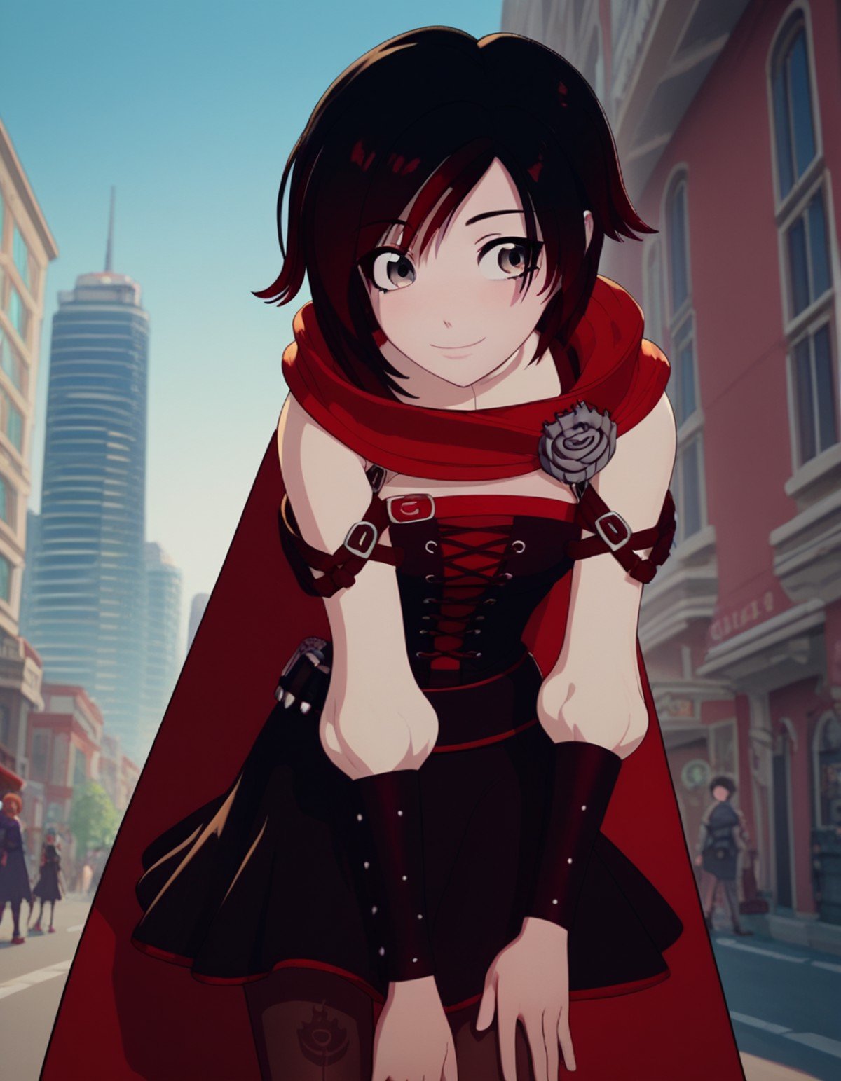 score_9, score_8_up, score_7_up, source_anime, <lora:ruby-rose-ponyxl-lora-nochekaiser:1>, ruby rose, short hair, black hair, red hair, grey eyes,, dress, pantyhose, cape, corset, belt,, cityscape, street, bent over, smile, looking at viewer, solo, cowboy shot, dutch angle