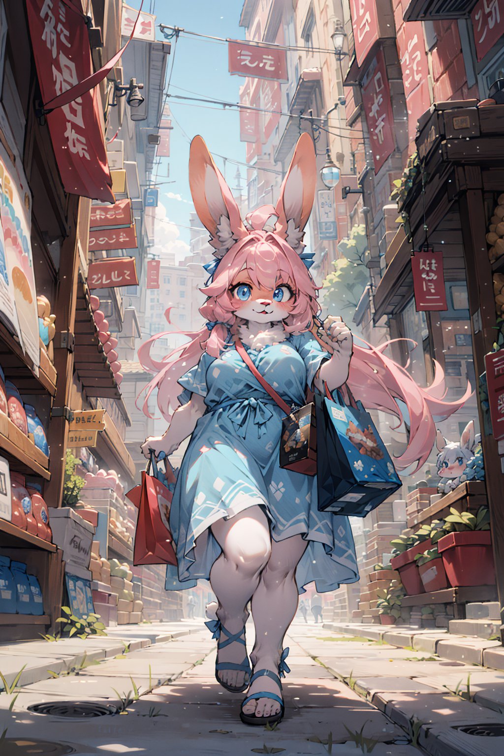 from below,  wide Shot,best hands,best quality,(masterpiece,ultra detailed 8k art,illustration),Fluffy, (anthro, 1 girl,pink furry girl,rabbit ears),out door,(pink long hair),downtown,shopping, blue eyes,smile,(full body),flour pattern sky blue Casual dress BREAKlight blue sandals,Shopping bag,crossbody bag,Window shopping, standing at the store entrance,fantasy, (nordic,Chubby:1.2)