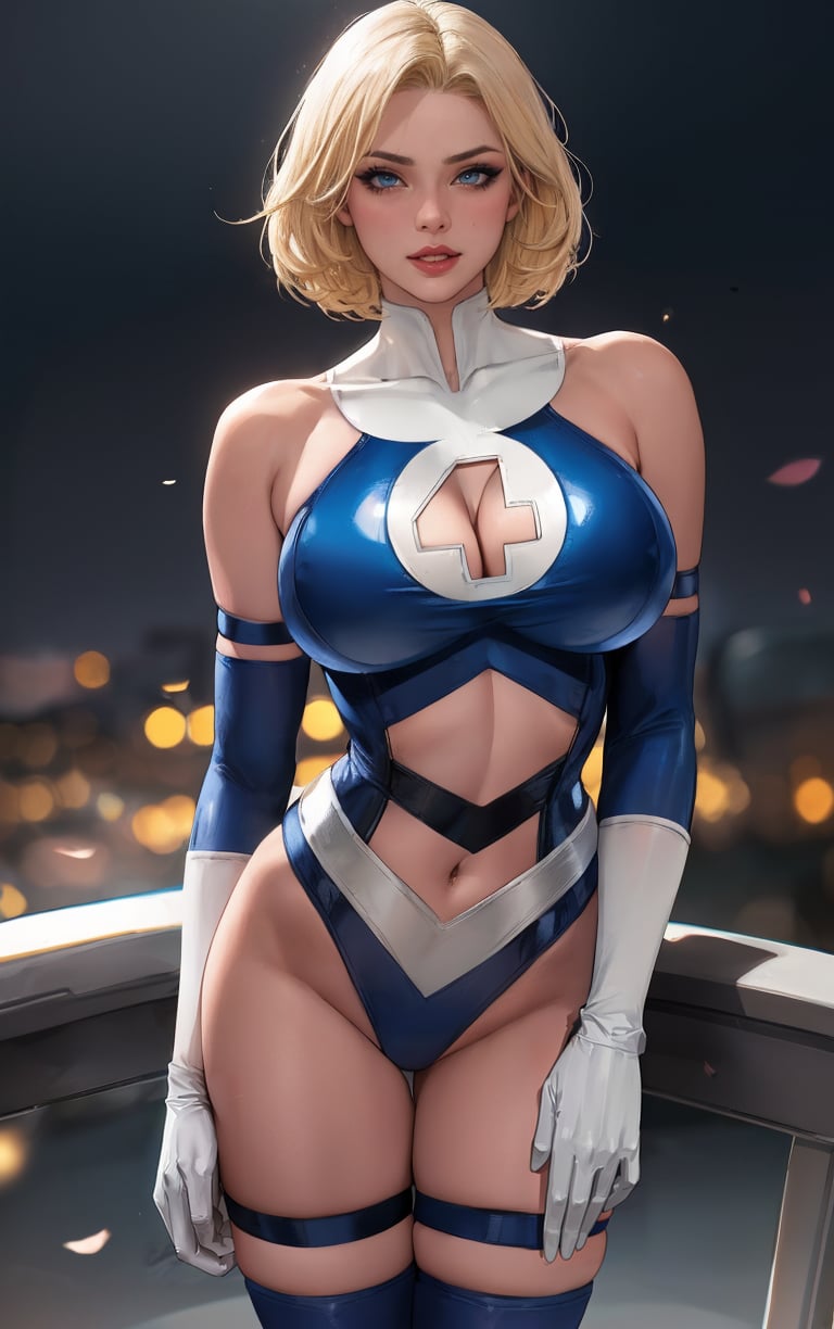 MARVEL_SueStorm_90s_ownwaifu,1girl, blonde hair, blue eyes, short hair, lips, toned, breasts,   large breasts,  makeup, lipstick, cleavage cutout,  clothing cutout, cleavage, leotard, elbow gloves, gloves, navel, thighhighs, blue leotard, white gloves, bare shoulders, navel cutout, white thighhighs, midriff, highleg,  highleg leotard, <lora:MARVEL_SueStorm_90s_ownwaifu:0.8> ,  ((masterpiece)),((best quality)),(highres, absurdres), original, official_art, chromatic_aberration, light_particles, bokeh, bloom, depth_of_field, outdoors, day, looking at viewer, solo, cowboy shot, 