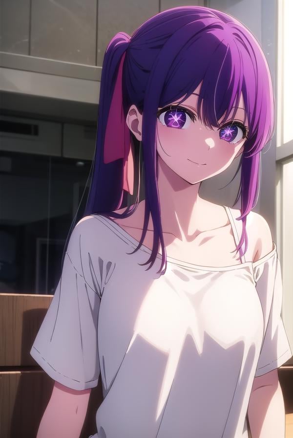 aihoshino, <lora:ai hoshino s1-lora-nochekaiser:1>,ai hoshino, long hair, bangs, (purple eyes:1.1), purple hair, (symbol-shaped pupils:1.5), smile,BREAK side ponytail, shirt, white shirt, collarbone, off shoulder, bra strap, shorts, pink shorts,BREAK indoors, concert, stage,BREAK looking at viewer, (cowboy shot:1.5),BREAK <lyco:GoodHands-beta2:1>, (masterpiece:1.2), best quality, high resolution, unity 8k wallpaper, (illustration:0.8), (beautiful detailed eyes:1.6), extremely detailed face, perfect lighting, extremely detailed CG, (perfect hands, perfect anatomy),