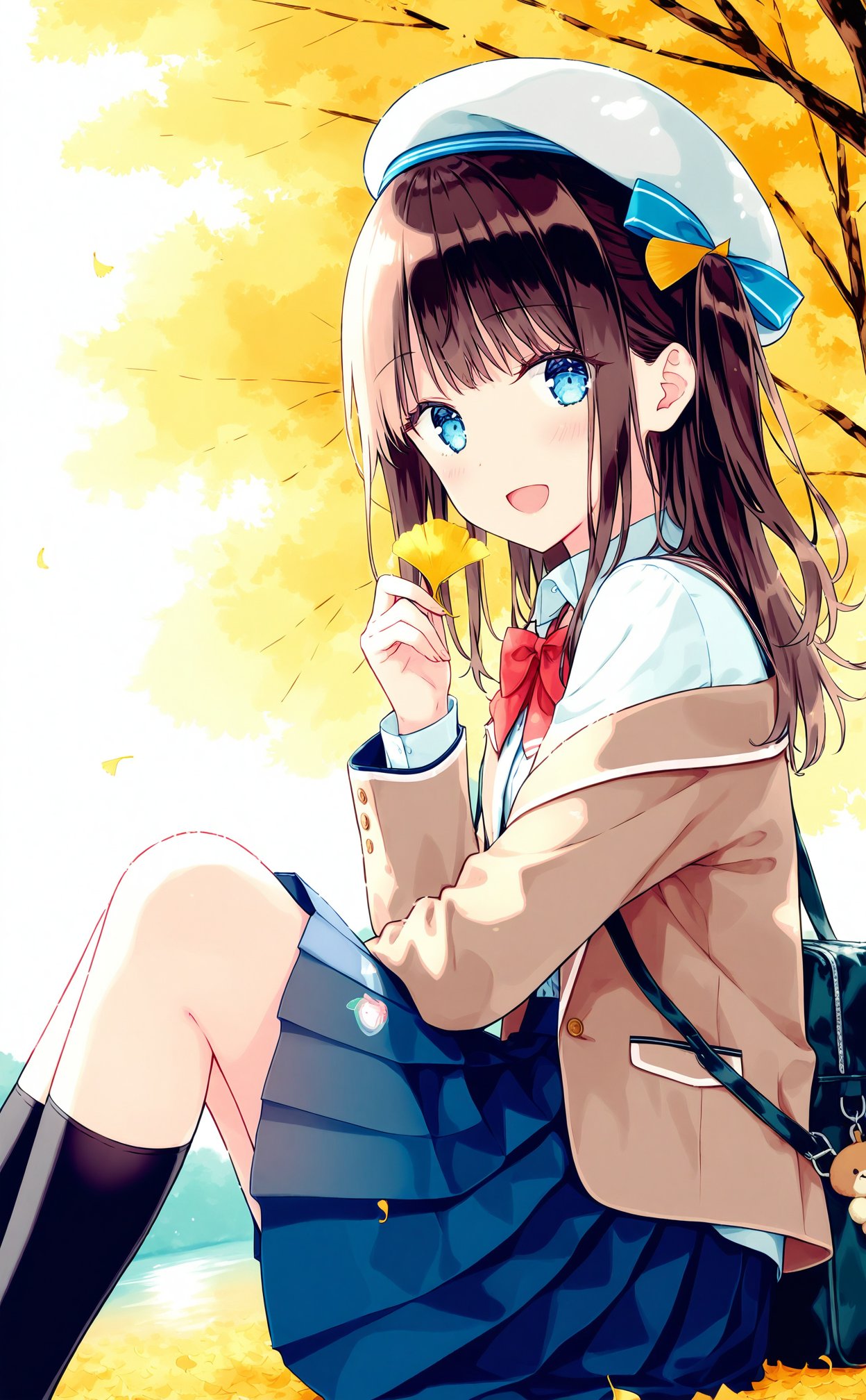 (masterpiece),(best quality),illustration,ultra detailed,hdr,Depth of field,(colorful),Artist hiten (hitenkei),1girl,solo,skirt,outdoors,long hair,shirt,jacket,brown hair,looking at viewer,bag,sitting,socks,hat,pleated skirt,holding,bow,smile,tree,open mouth,white shirt,school uniform,blue skirt,school bag,black socks,bowtie,autumn,leaf,long sleeves,beret,hair ornament,holding leaf,red bow,collared shirt,kneehighs,open clothes,off shoulder,day,autumn leaves,white headwear,open jacket,blazer,:d,blue eyes,brown jacket,red bowtie,ginkgo leaf,knees up,one side up,water,from side,hand up,dress shirt,bag charm,charm (object),