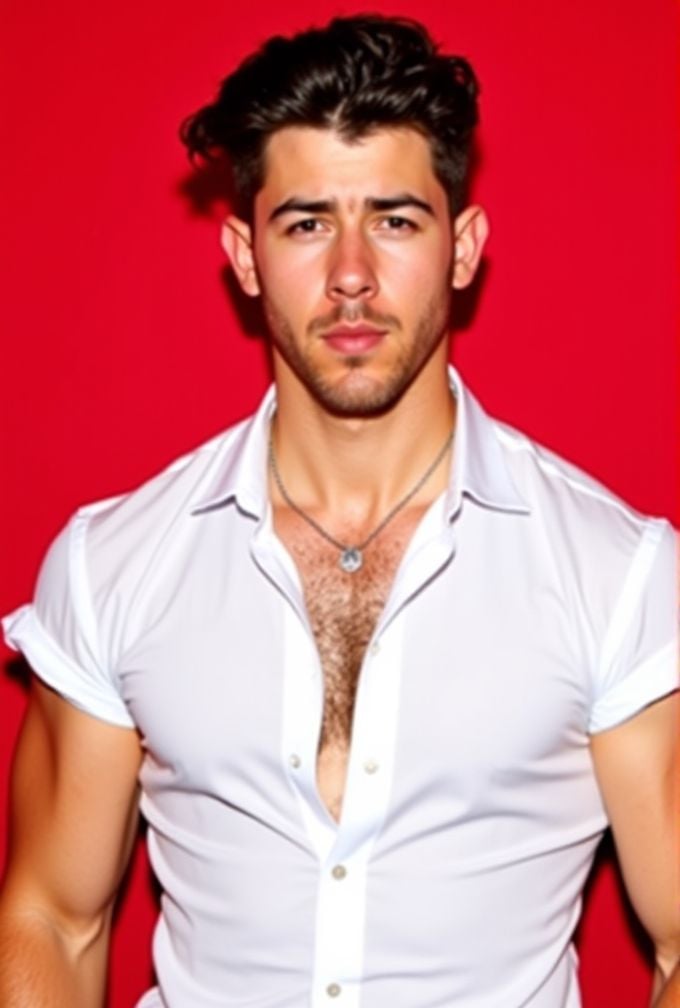 Nick Jonas ,  The image is a high-resolution photograph,  standing against a solid red background. wavy hair styled to the...
